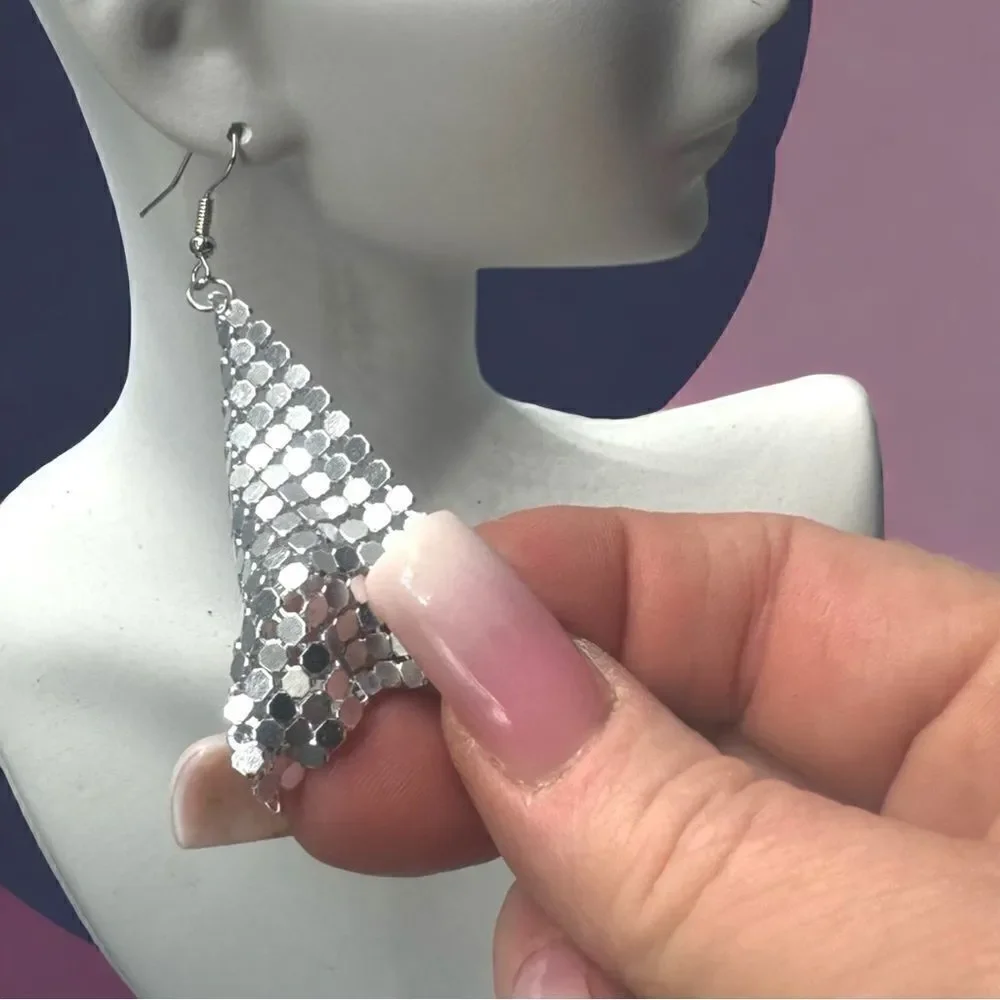 Silver Mesh Earrings l 3” l Hook l New